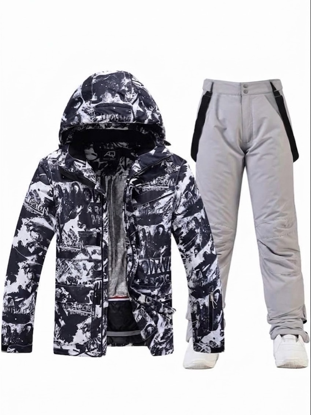 Men's Hooded Winter Ski Jacket - Black & White